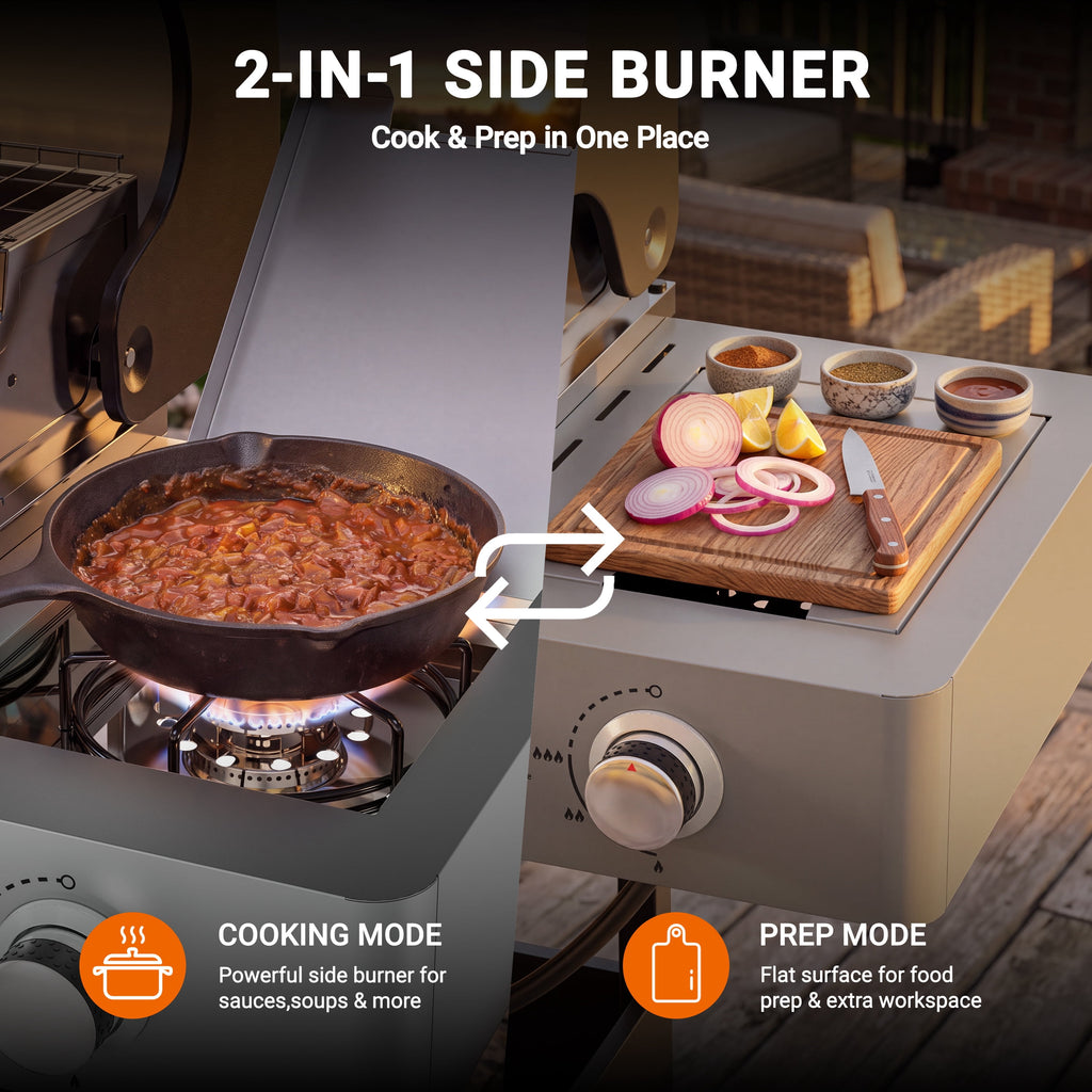 4-Burner Gas Grill with Side Burner, 51,000 BTU Propane BBQ Grill with Porcelain-Enameled Cast Iron Grates, Built-in Thermometer, Ideal for Patio Camping Outdoor Cooking Gas Grills