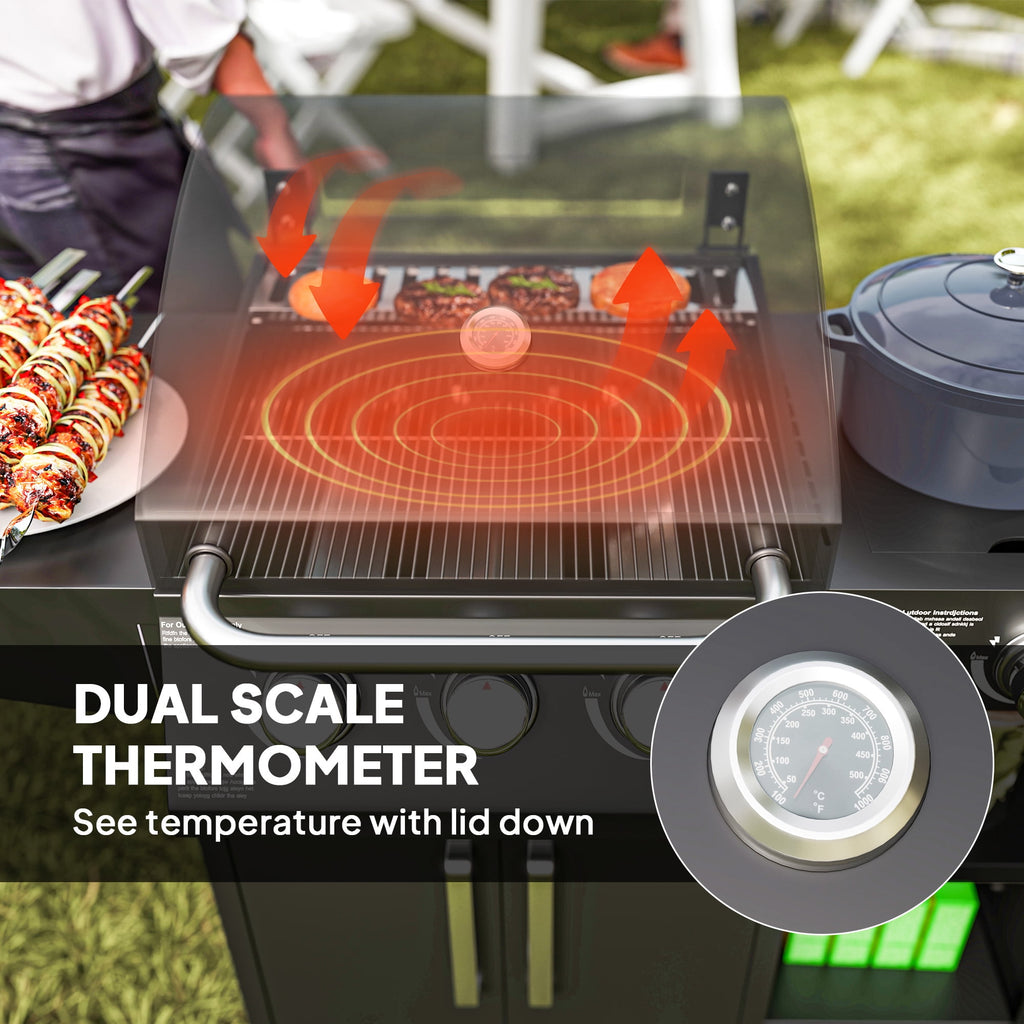 Outsunny 3 Burner Gas Grill with Side Burner, 9.5 KW Output, 310 Sq. in. Cooking Area, Cabinet Style Propane BBQ Grill with Shelves, Black Outsunny