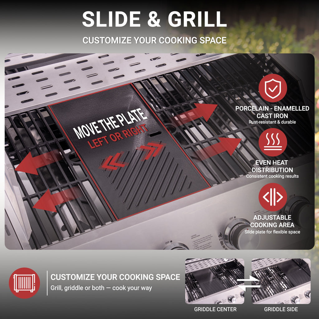 4-Burner Gas Grill and Griddle Combo with Side Burner, 50,000 BTU Propane BBQ Grill with Porcelain-Enameled Cast Iron Grates, Built-in Thermometer, Ideal for Patio Camping Outdoor Cooking Gas Grills
