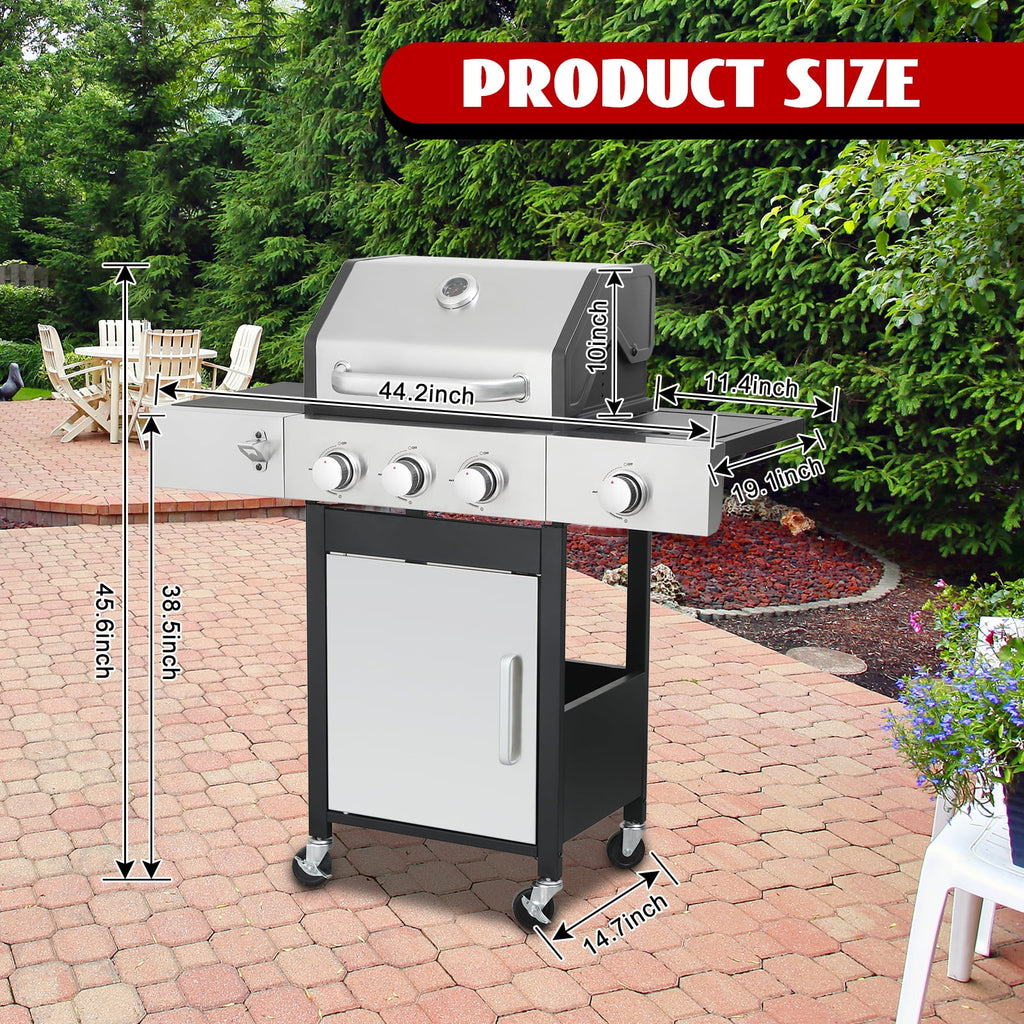 Nice Cooker 3-Burner Propane Gas Grill with Side Burner, Cast Iron Grates, Double Layer Lid Gas Grills