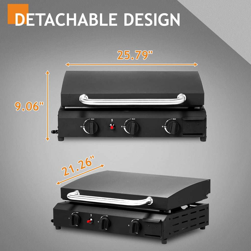 Portable 3-Burner Gas Griddle, 23'' Outdoor Propane Cooking Station, 30,000BTU Flat Top Griddle, Patio Camping BBQ Tabletop Grill with Ceramic Coated Cast Iron Pan Gas Grills