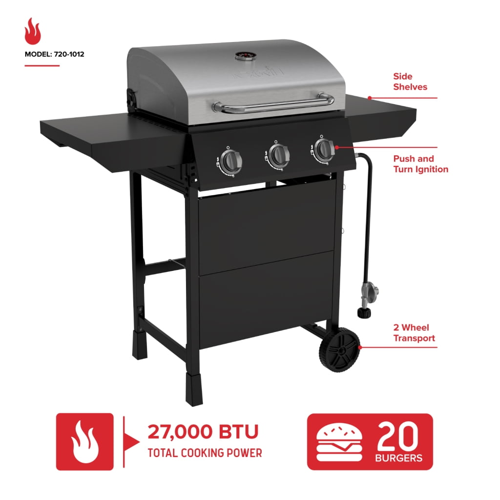 Nexgrill 3-Burner Propane Gas Grill with Side Tables, 27,000BTUs, Stainless Steel Lid, Spacious 429 SQ. In. Cooking Space, BBQ Grill for Outdoor Cooking, Patios, Parties, and More - 720-1012 Gas Grills