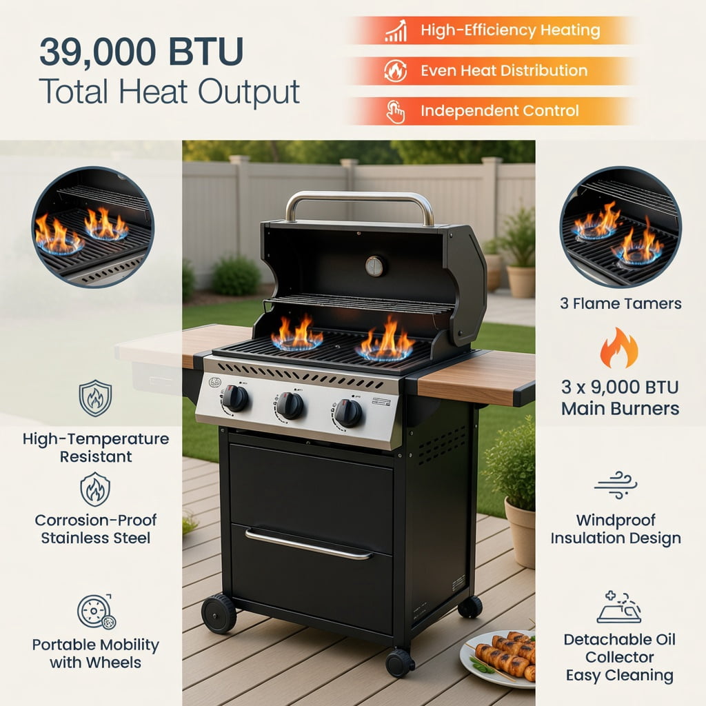 39,000 BTU Heavy-Duty Propane Gas Grill Wheels Black Stainless Steel Outdoor BBQ Grill for Patio & Backyard Kadyn