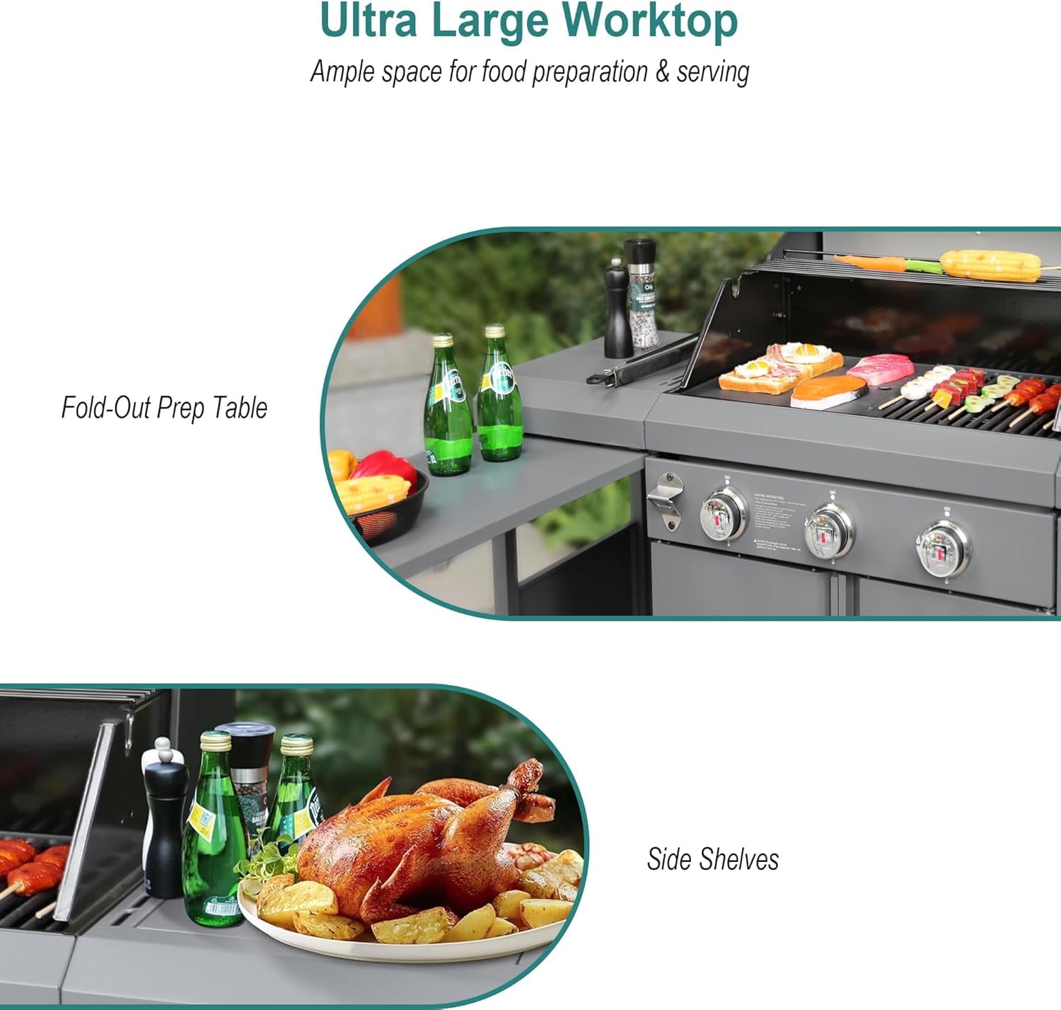 Brand Man 6-Burner Outdoor Gas Kitchen Grill Island with Side Burner, BBQ Station with Storage Cabinets and Fold-out Prep Table, LPG/NG Convertible Gas Grills