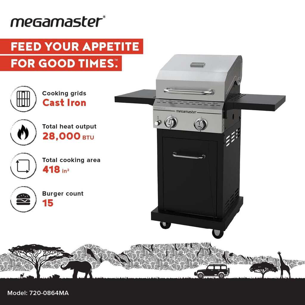 Megamaster Deluxe 2-Burner Gas Grill with Foldable Side Tables, 418 SQ In Cooking Space, 28000 BTUs, Stainless Steel Lid, Propane BBQ Grill for Outdoor Cooking, Patios, Backyards and More -720-0864MA Megamaster