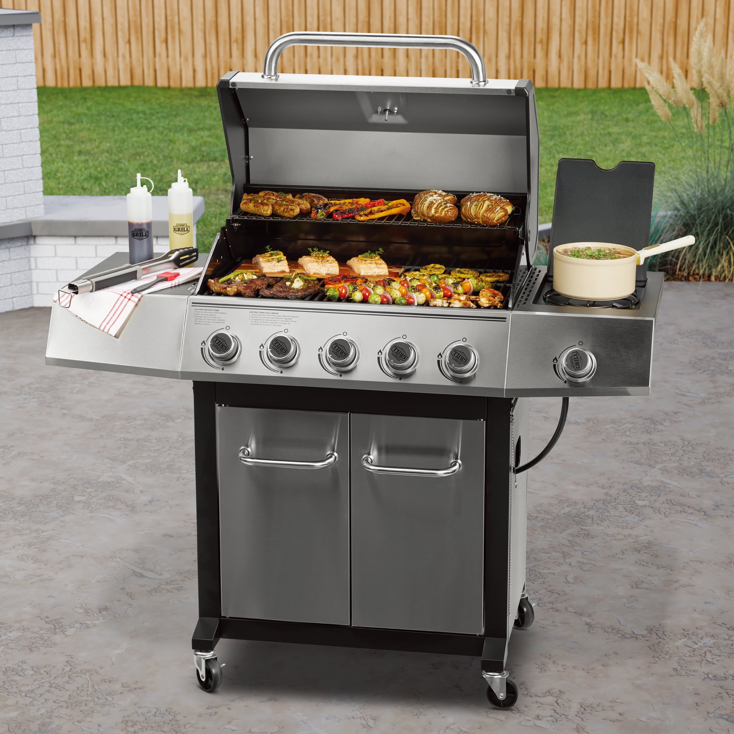 Expert Grill 5-Burner Propane Gas Grill with Side Burner, and Side Table, Stainless Steel Expert Grill