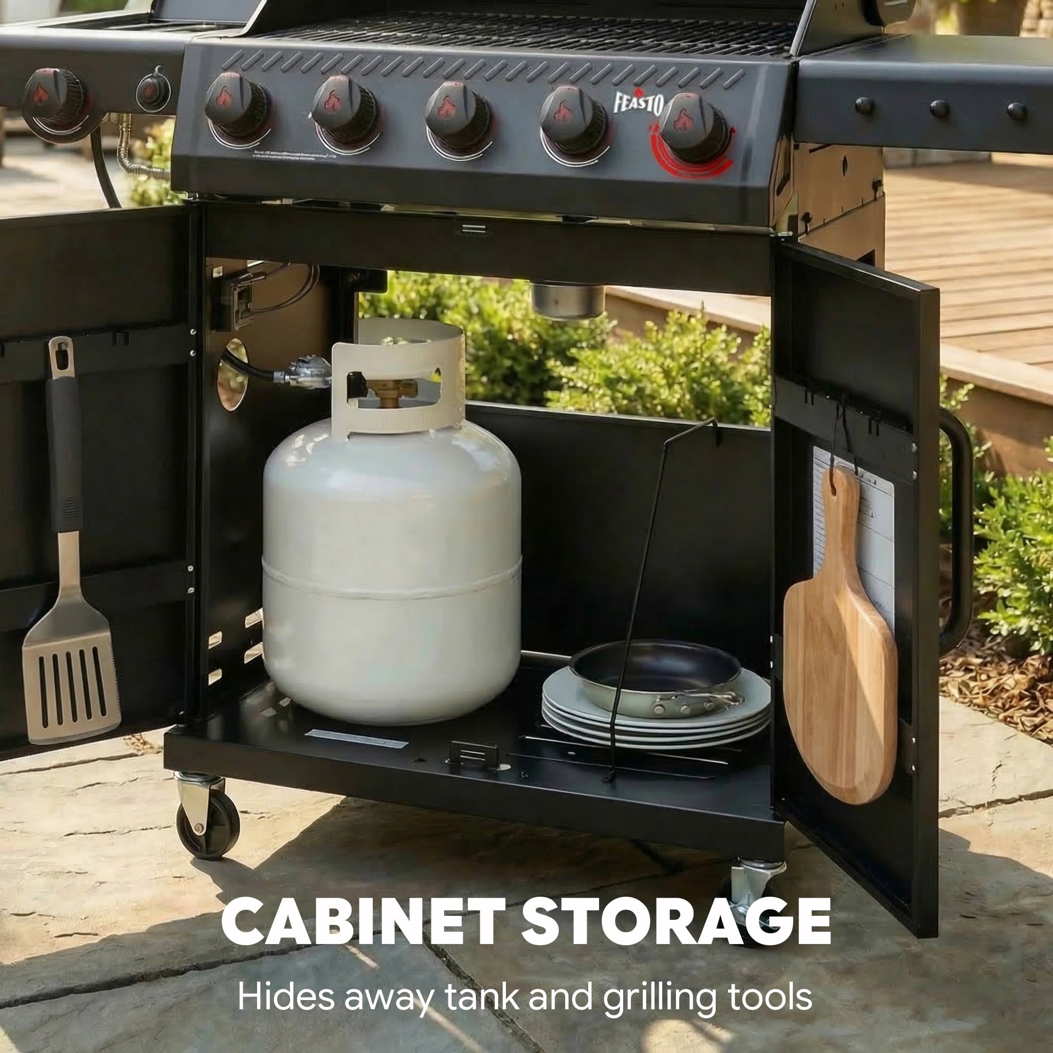 Feasto 5-Burner Propane Gas Grill, Double Deck Lid, Side Sear Burner, 58000 BTU, 686 Sq.In. Cabinet Storage Gas Grills