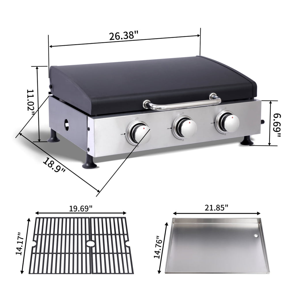 3 Burner Gas Grill - 28,650 BTU High-Powered, Stainless Steel with High-Temperature Enamel Coating, Multi-Function Teppanyaki & Grill, Cast Iron Grates, Pull-Out Oil Pan with Cups, Safe Ignition GORTES