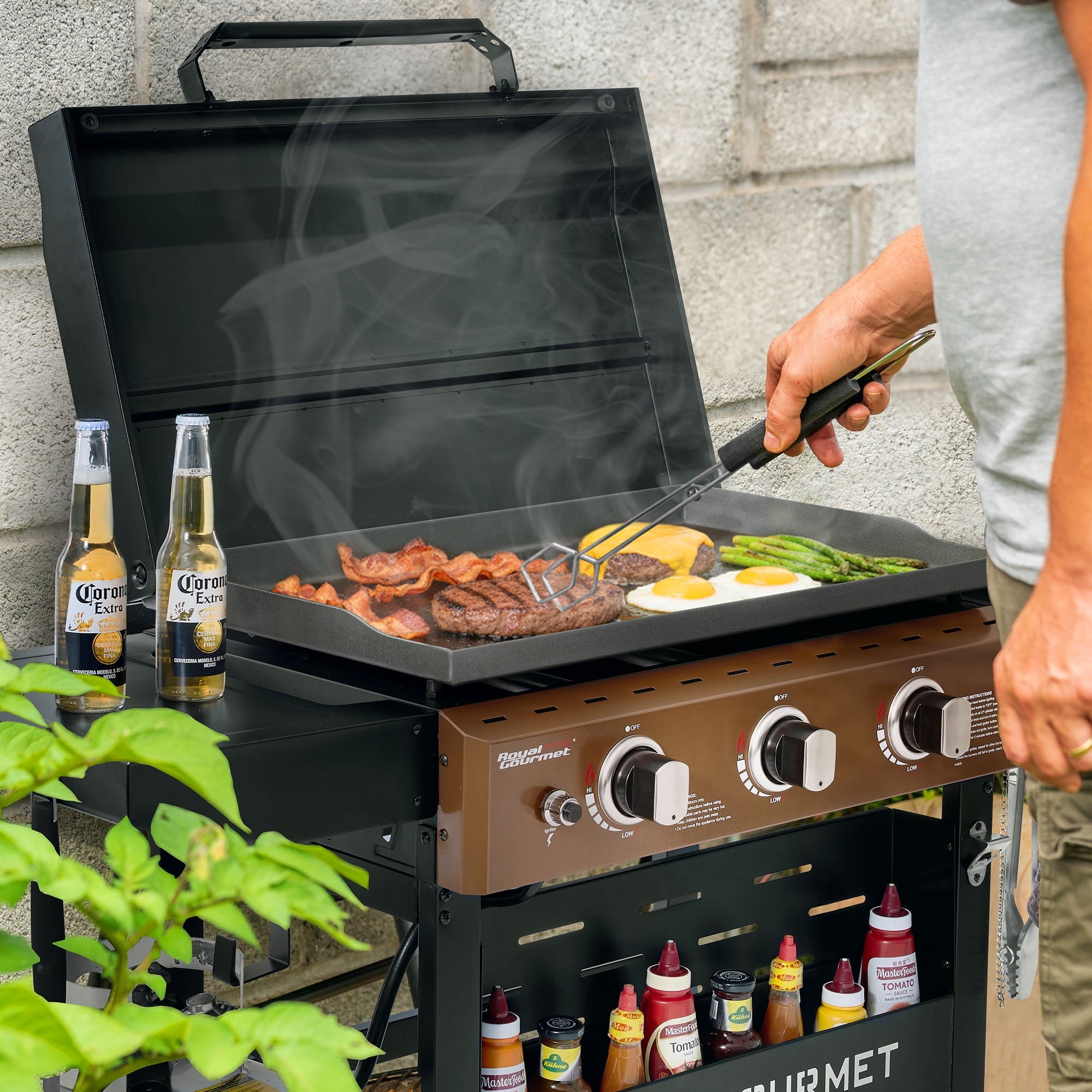 Royal Gourmet GB3000PY 3-Burner Gas Griddle with Hood, Griddle with Collapsible Side Shelves,Perfect for Outdoor Cooking Royal Gourmet