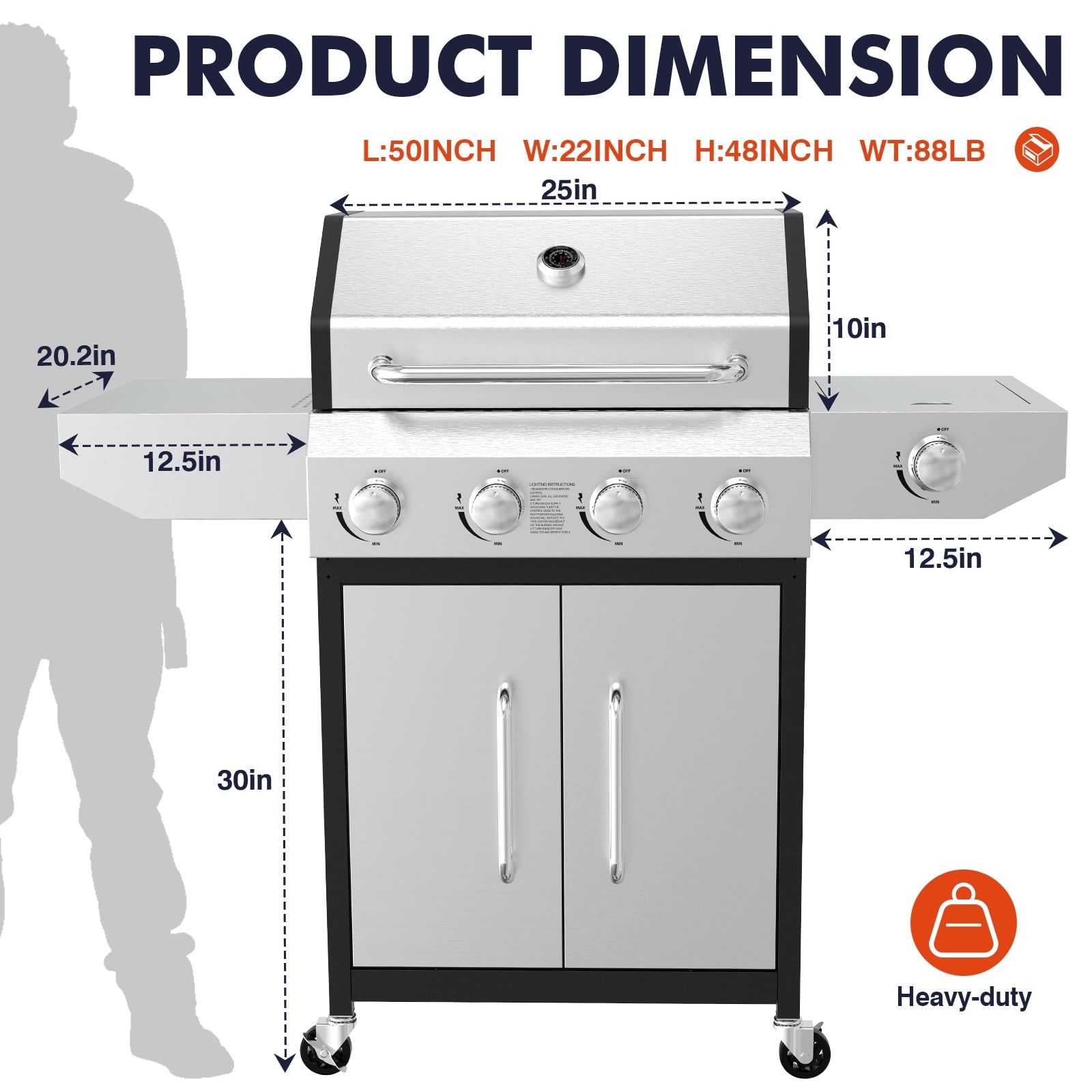 Frizi 4-Burner Gas Grill with Side Burner, 60,000 BTU Stainless Steel Propane Grill, Outdoor BBQ Flat Top Grill with Wheels and Side Shelves for Patio or Camping Gas Grills