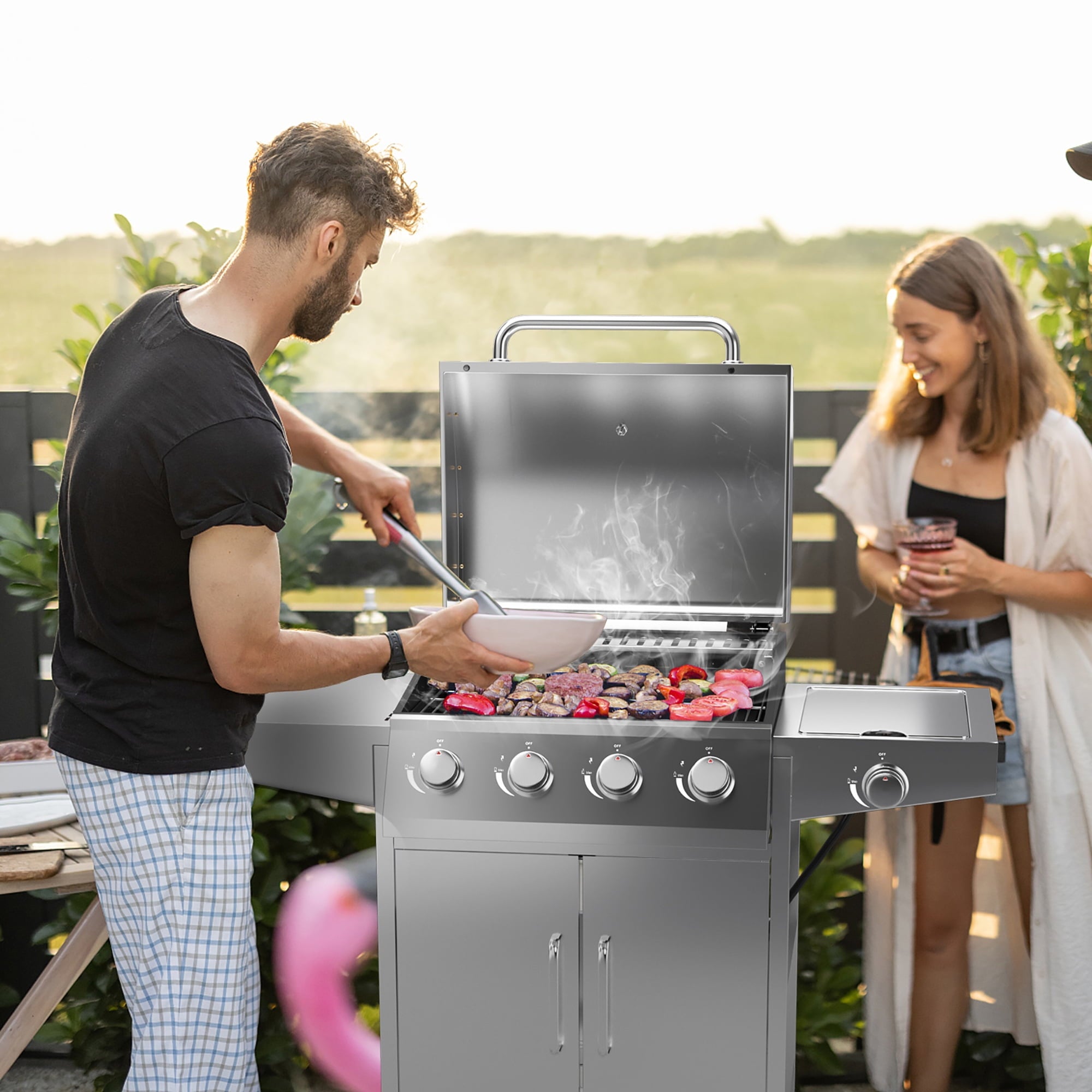 Costway 5-Burner Silver Propane Gas Grill with Side Burner, Thermometer and Prep Table Costway