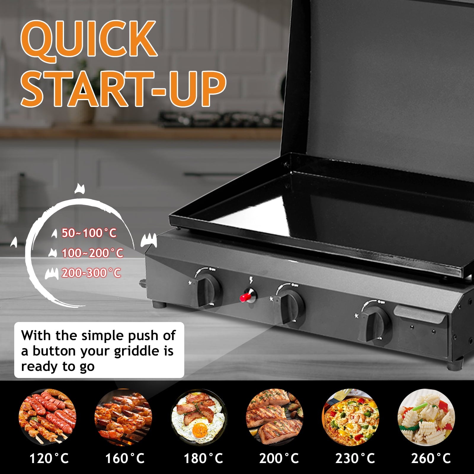 Portable 3-Burner Gas Griddle, 23'' Outdoor Propane Cooking Station, 30,000BTU Flat Top Griddle, Patio Camping BBQ Tabletop Grill with Ceramic Coated Cast Iron Pan Gas Grills
