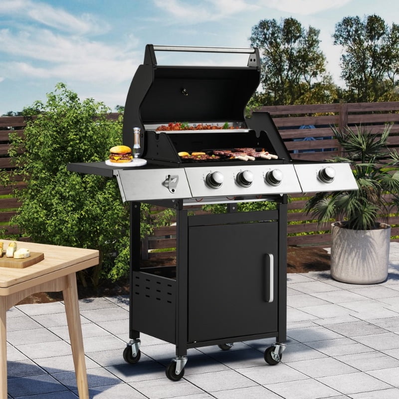 43.3x43.3 Large Cooking Area 3-Burner Grill - Side Burner, Cast Iron Grates, 36, 000 BTU Output, Lockable Wheels, Black Camping Grill for Outdoor Barbeque U-HOMY