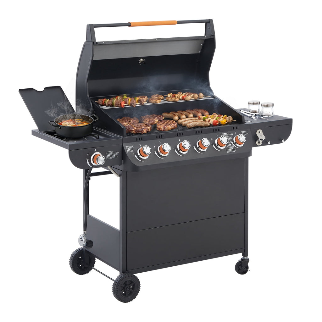 Noble House Professional 6-Burner Propane Gas Grill with Side Burner, Steel BBQ Grill with Cast Metal Grates, Black Noble House