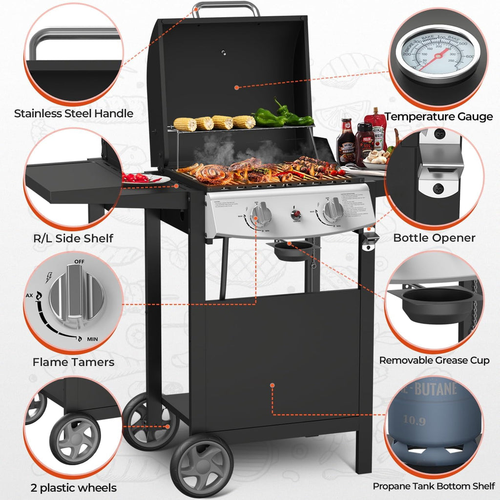 FREE VILLAGE 2-Burner Propane Gas BBQ Grill,20000 BTU Stainless Steel Barbeque Grill with Side Shelves and Wheels,Portable Outdoor Grill for Patio,Backyard,Garden,Camping Cooking Gas Grills