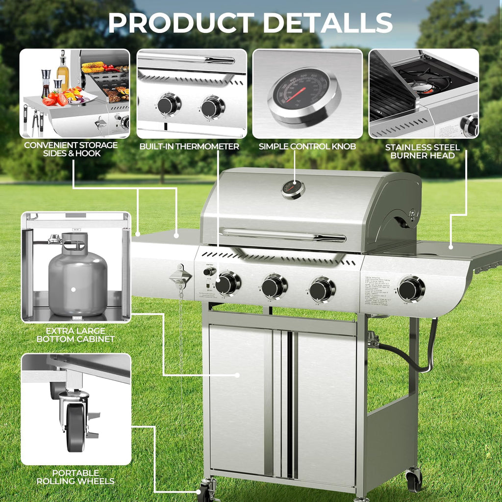 LHRIVER Stainless Steel BBQ Grill, 3 Burner Propane Gas Grill with Side Burner  for Outdoor Cooking Patio Backyard Gas Grills