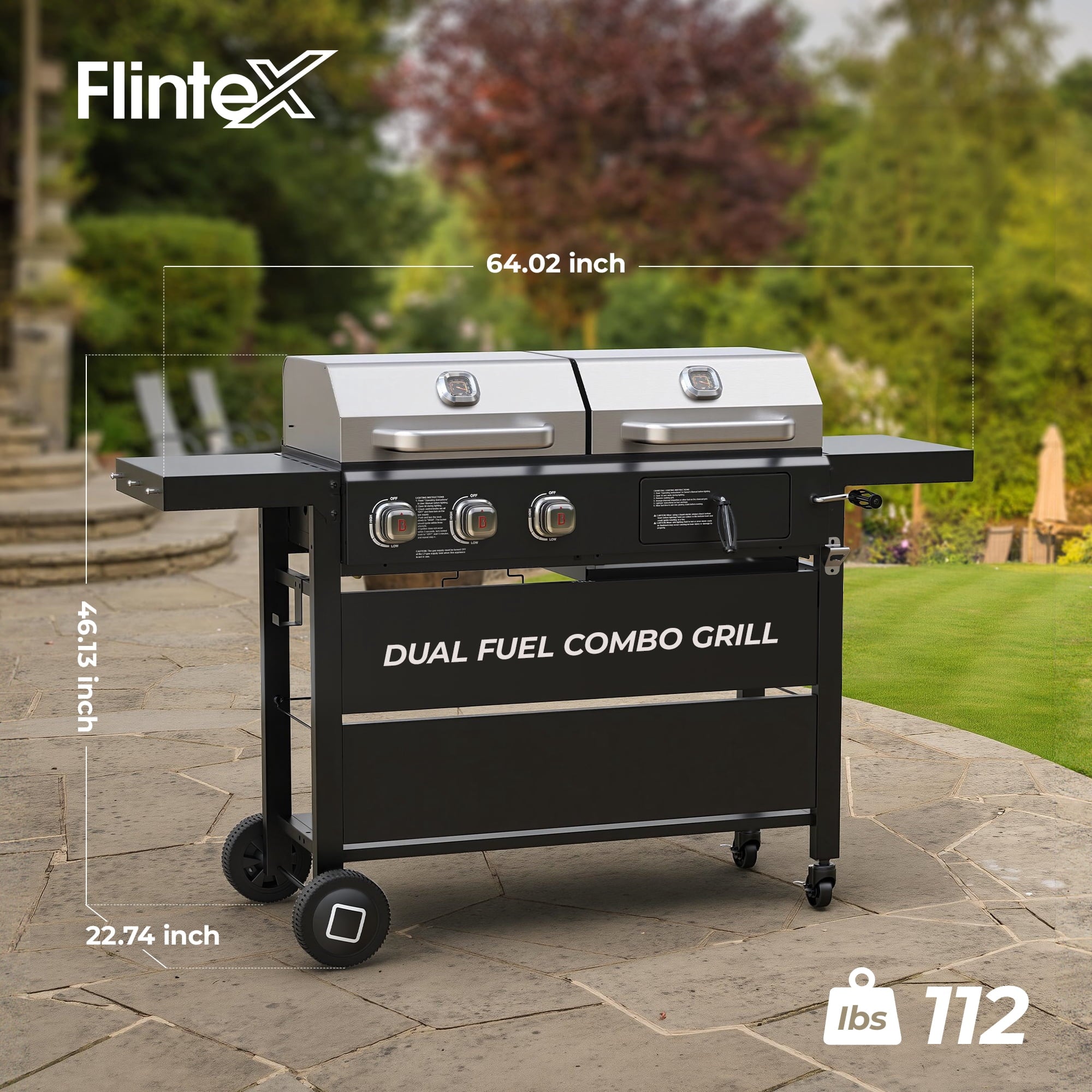 Flintex Propane Gas and Charcoal Grill Combo, Dual Fuel Outdoor BBQ Grill Stainless Steel Lids for Patio Garden Picnic Backyard Barbecue Cooking Gas Grills