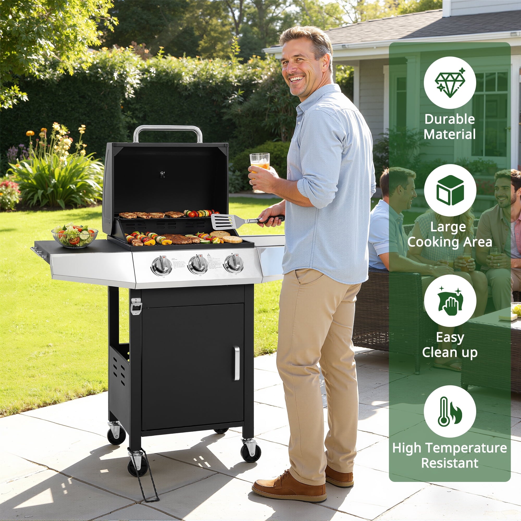 BBQ Grill, Seizeen Gas Grill with Side Burner, 40,000BTU 3-Burner Propane Grill w/Storage Cabinet, Steel Brush, Stainless Steel Camping for Backyard Patio, Portable Design on Wheels Gas Grills