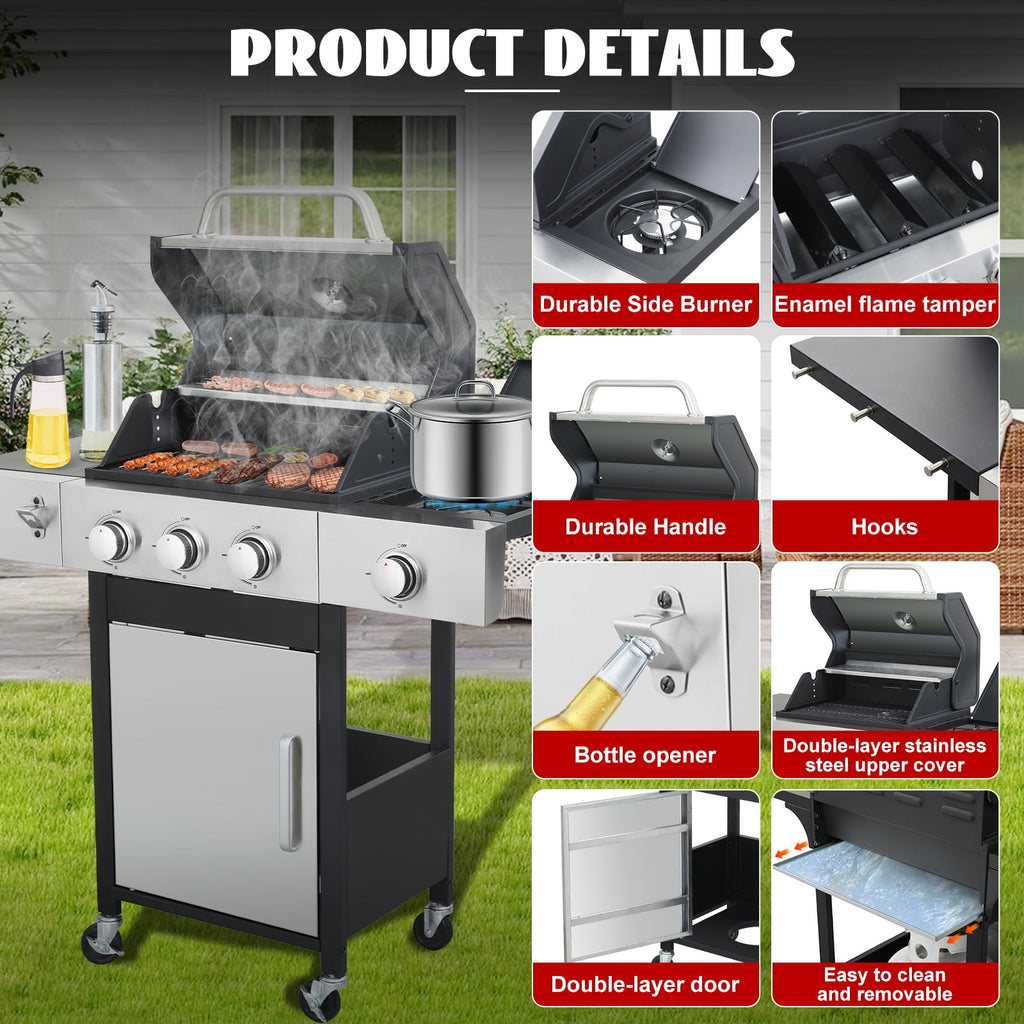 Nice Cooker 3-Burner Propane Gas Grill with Side Burner, Cast Iron Grates, Double Layer Lid Gas Grills