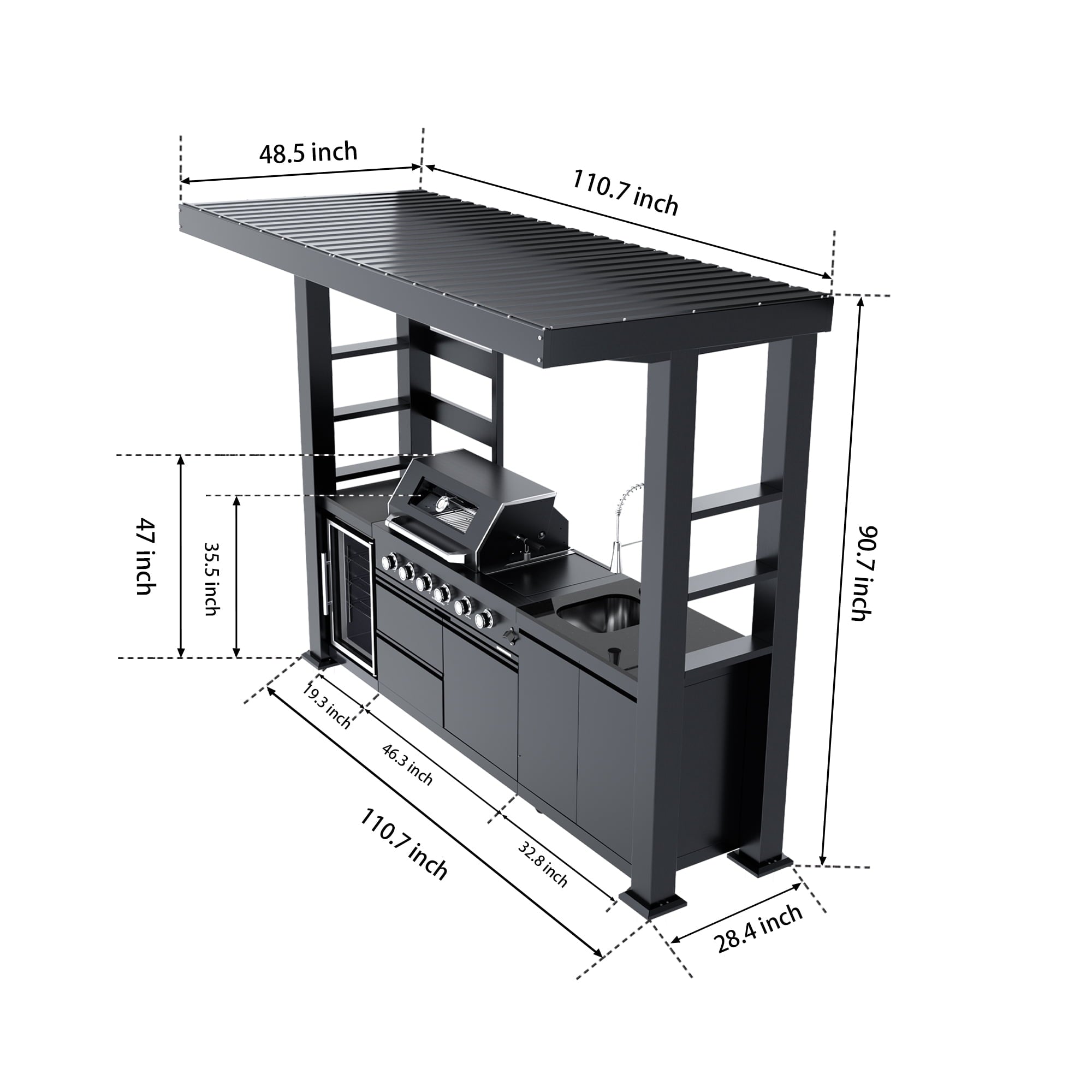 110-Inch 4-Burner 72,000 BTU Stainless Steel Outdoor Kitchen Island Grill with Wine Cooler Refrigerator, Rotisserie Kit, Granite Countertops, Storage Cabinets & Drawers Chery Industrial