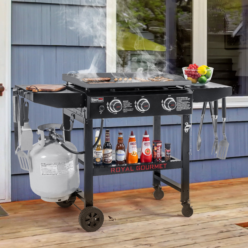 Royal Gourmet GB3000H 28-Inch 3-Burner Gas Griddle in Black, Griddle with Collapsible Side Shelves, 39,000 BTU Royal Gourmet