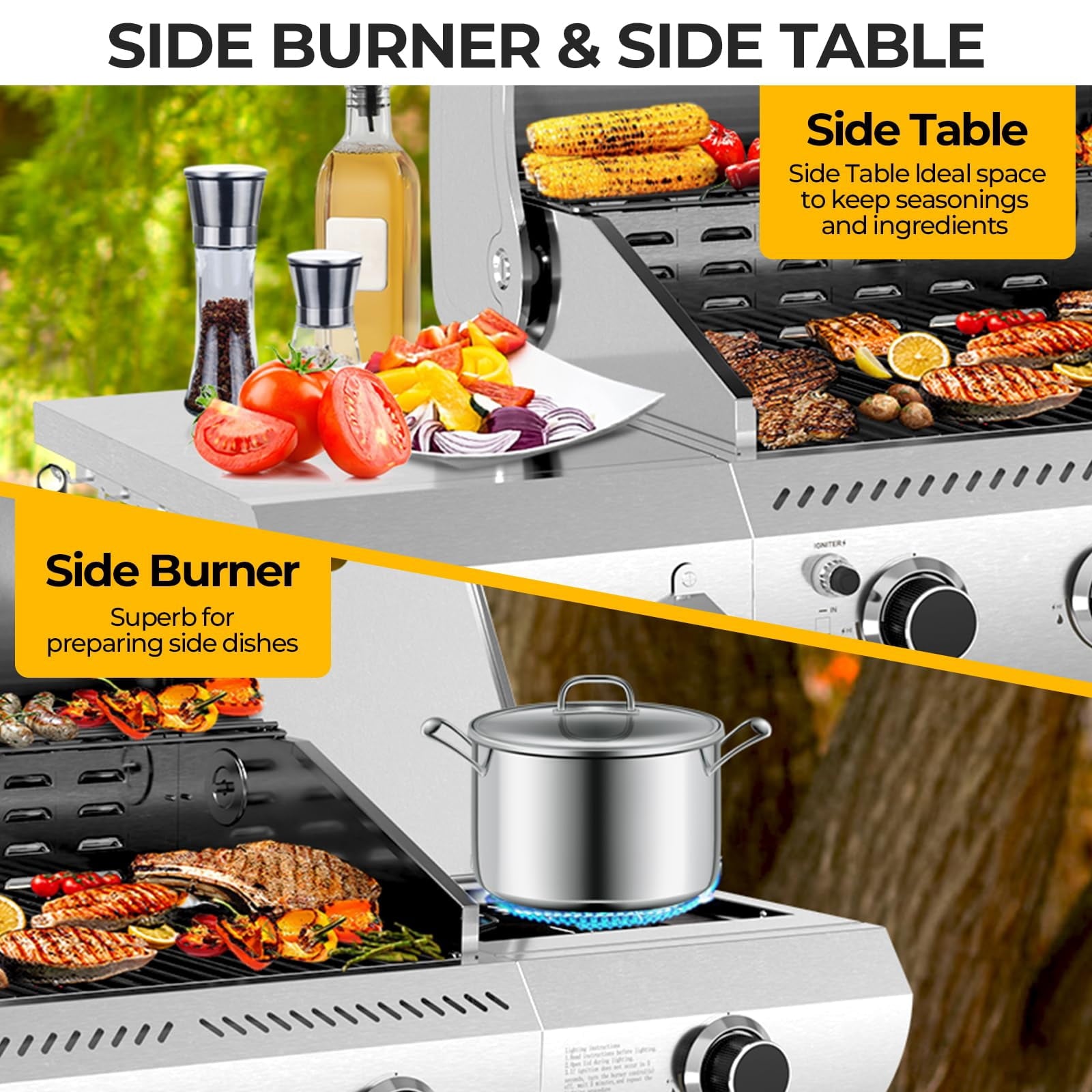 LHRIVER Stainless Steel BBQ Grill, 3 Burner Propane Gas Grill with Side Burner  for Outdoor Cooking Patio Backyard Gas Grills