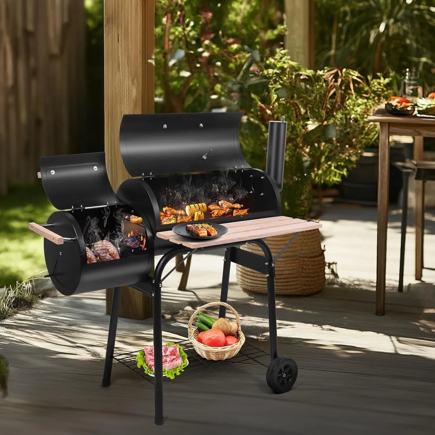 YDLW Charcoal Offset Smoker Grill - Family-Size 4-6 Person BBQ with Temperature Control & Portable Wheels YDLW
