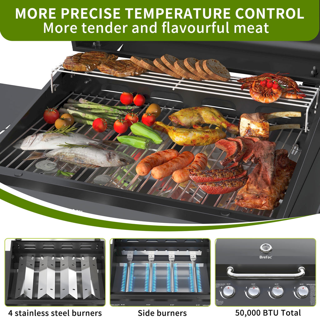 4 Burner Propane Gas Grill with 3 Tier Shelf, 50000 BTU Outdoor Cooking Stainless Steel BBQ Grills Cabinet,Can be Placed Smoke Box，Black Tcisa