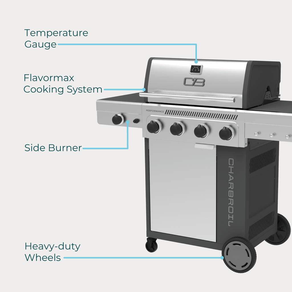 Charbroil? Performance Series? FlavorMax? 4 Burner Gas Grill Cabinet with Side Burner, Stainless Steel Gas Grills