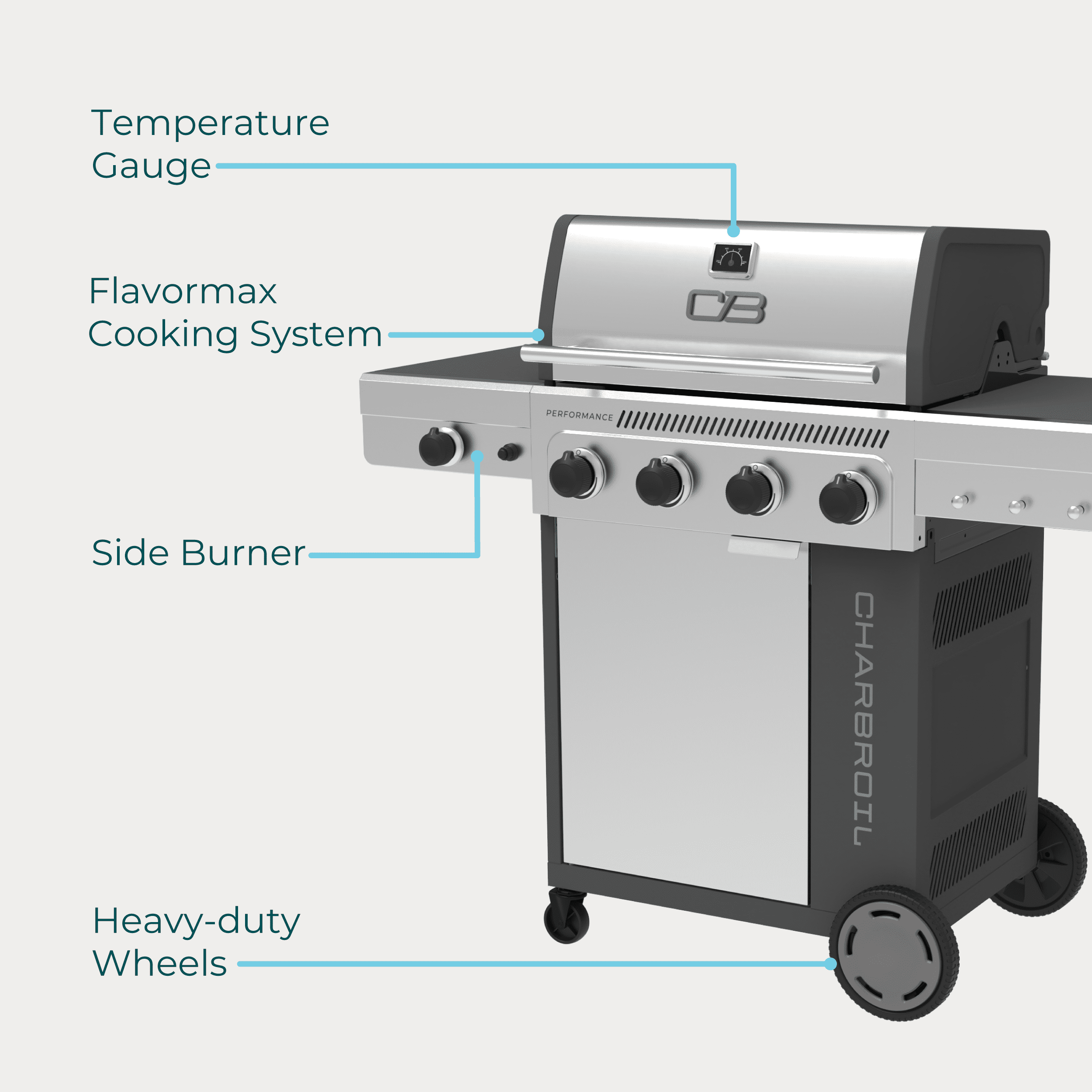 Charbroil? Performance Series? FlavorMax? 4 Burner Gas Grill Cabinet with Side Burner, Stainless Steel Gas Grills