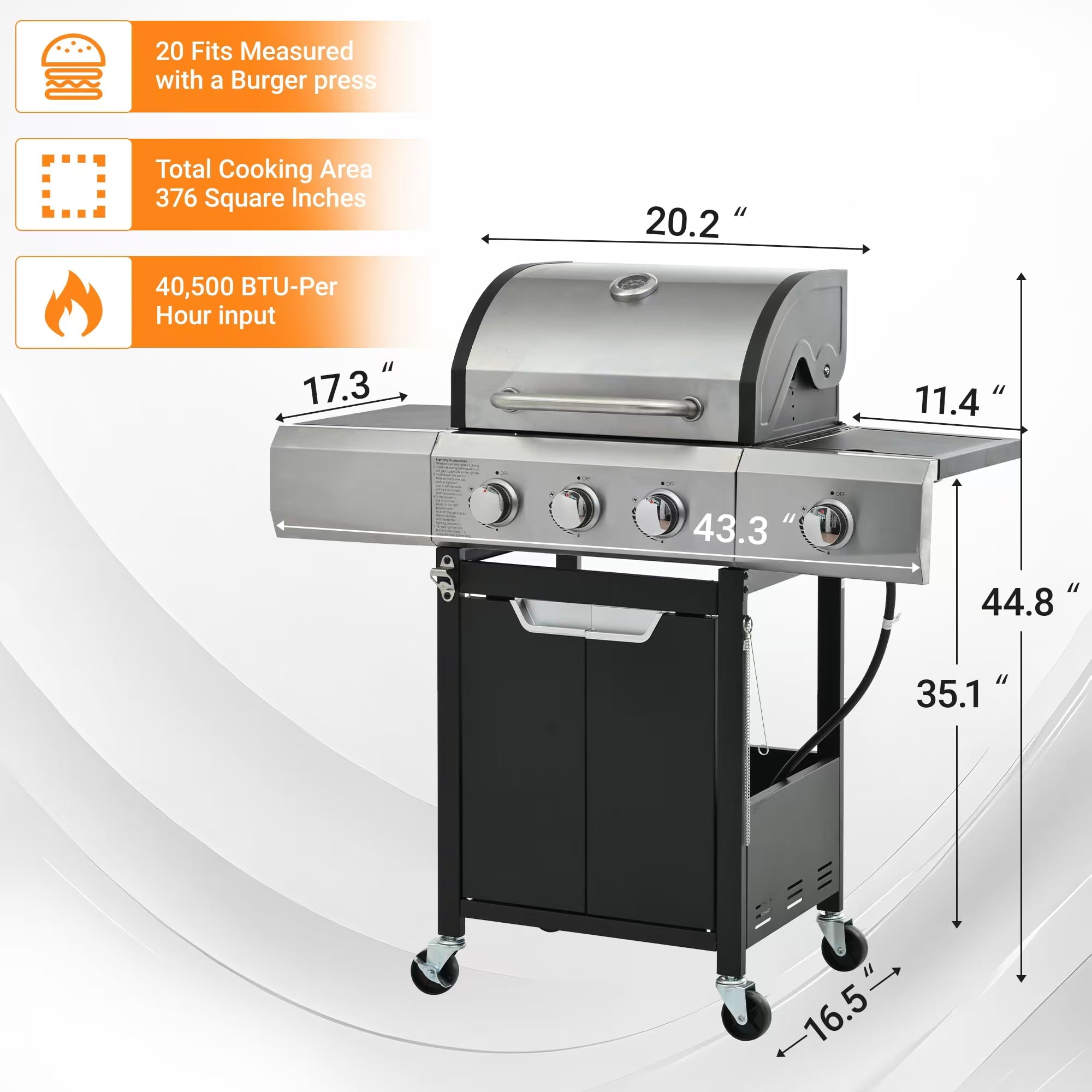 Syngar 3-Burner Propane Gas Grill with Side Burner, 40,500 BTU Outdoor BBQ Grill with 287 sq.in. Main Cooking Area, Stainless Steel Construction, Side Shelf, Ideal for Patio, Backyard, Garden Gas Grills