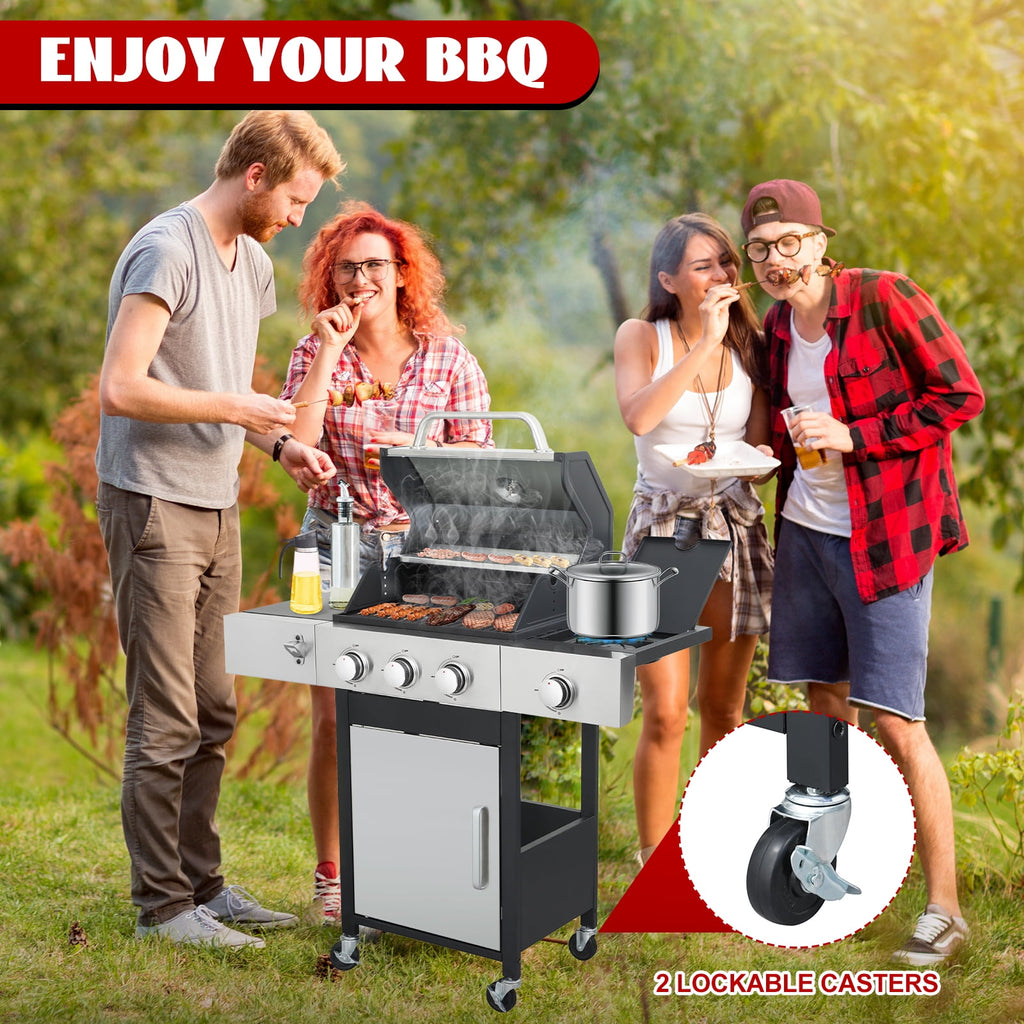 Nice Cooker 3-Burner Propane Gas Grill with Side Burner, Cast Iron Grates, Double Layer Lid Gas Grills