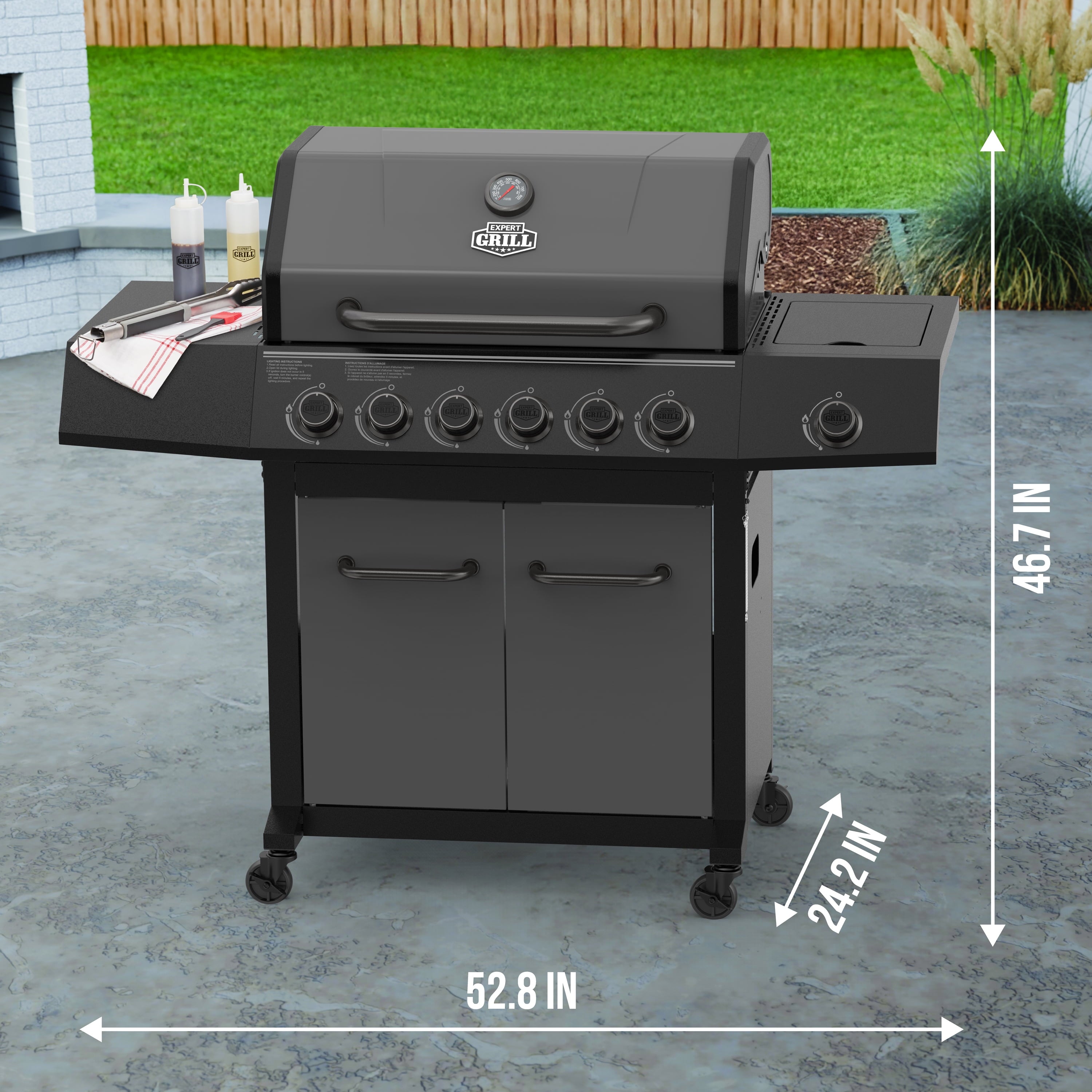 Expert Grill 6-Burner Propane Gas Grill with Side Burner and Side Table, Graphite Expert Grill