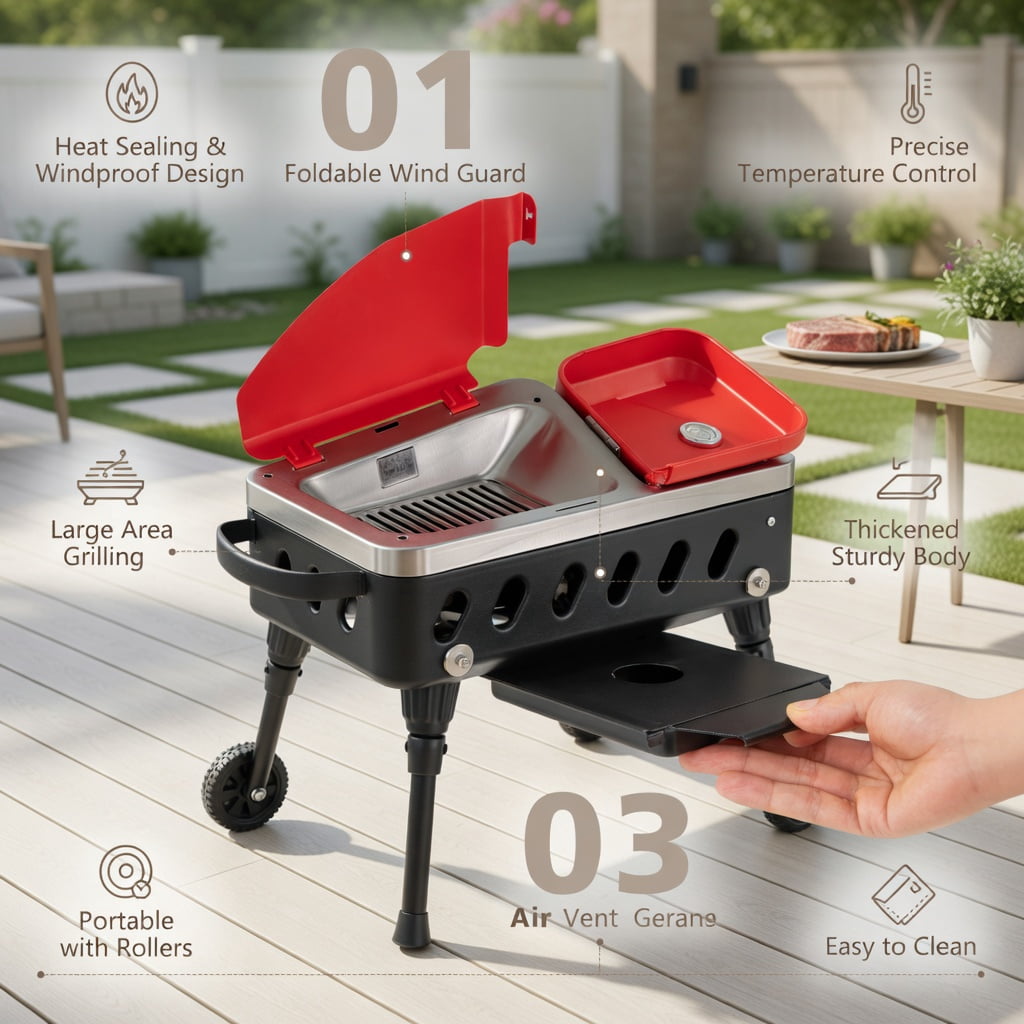 Resenkos Outdoor Barbecues Grill,2-in-1 Gas Camping Grill and Stove with 4 Detachable Legs-Red Resenkos