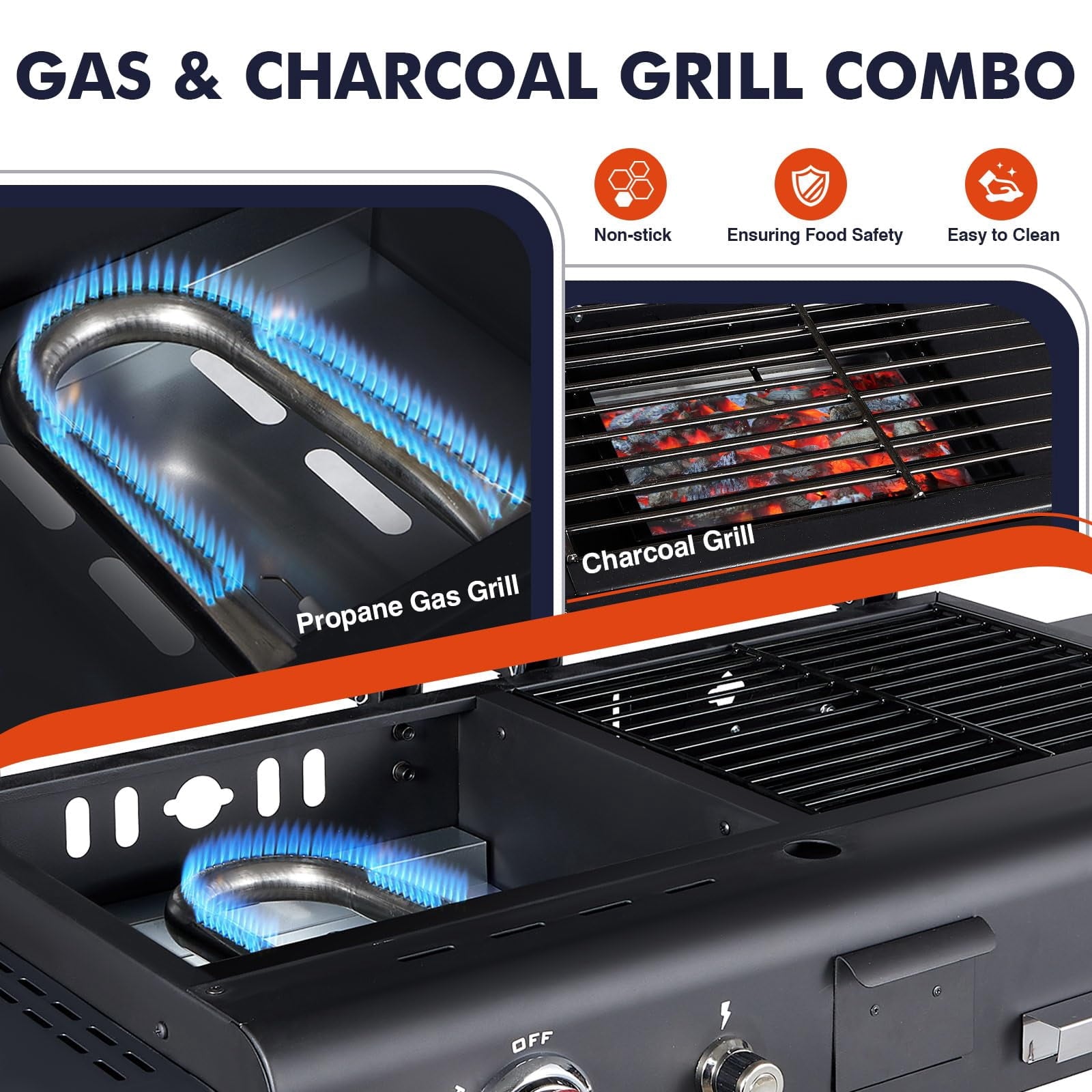 Frizi Charcoal and Gas Grill Combo with Black Dual Lids, Dual Fuel Propane Gas Grill with 2 Side Shelves for Outdoor Backyard Barbecue Cooking Gas Grills