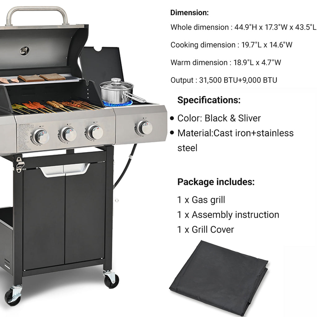 Gas Grill w/Side Burner, 40500BTU Propane Grill with Cover, Stainless Steel Outdoor BBQ 2 Cooking Areas, Portable Grill for Camping Patio Gas Grills