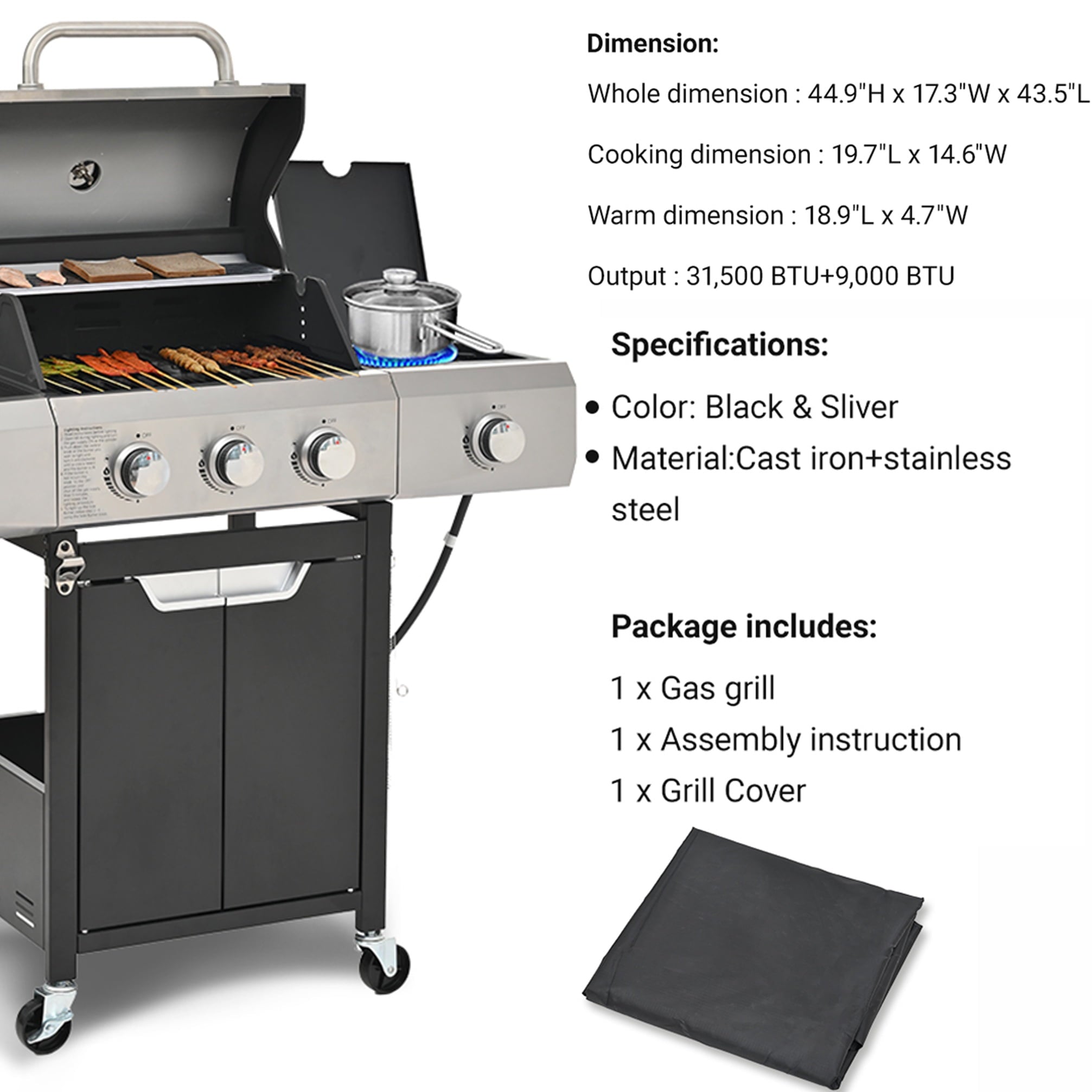 Gas Grill w/Side Burner, 40500BTU Propane Grill with Cover, Stainless Steel Outdoor BBQ 2 Cooking Areas, Portable Grill for Camping Patio Gas Grills