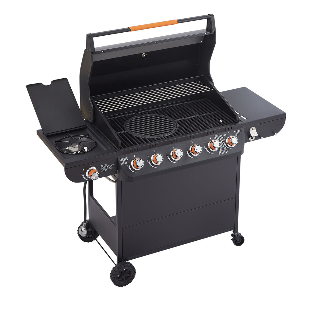 Noble House Professional 6-Burner Propane Gas Grill with Side Burner, Steel BBQ Grill with Cast Metal Grates, Black Noble House