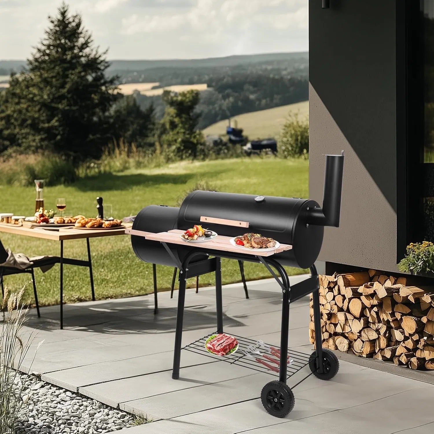 YDLW Charcoal Offset Smoker Grill - Family-Size 4-6 Person BBQ with Temperature Control & Portable Wheels YDLW