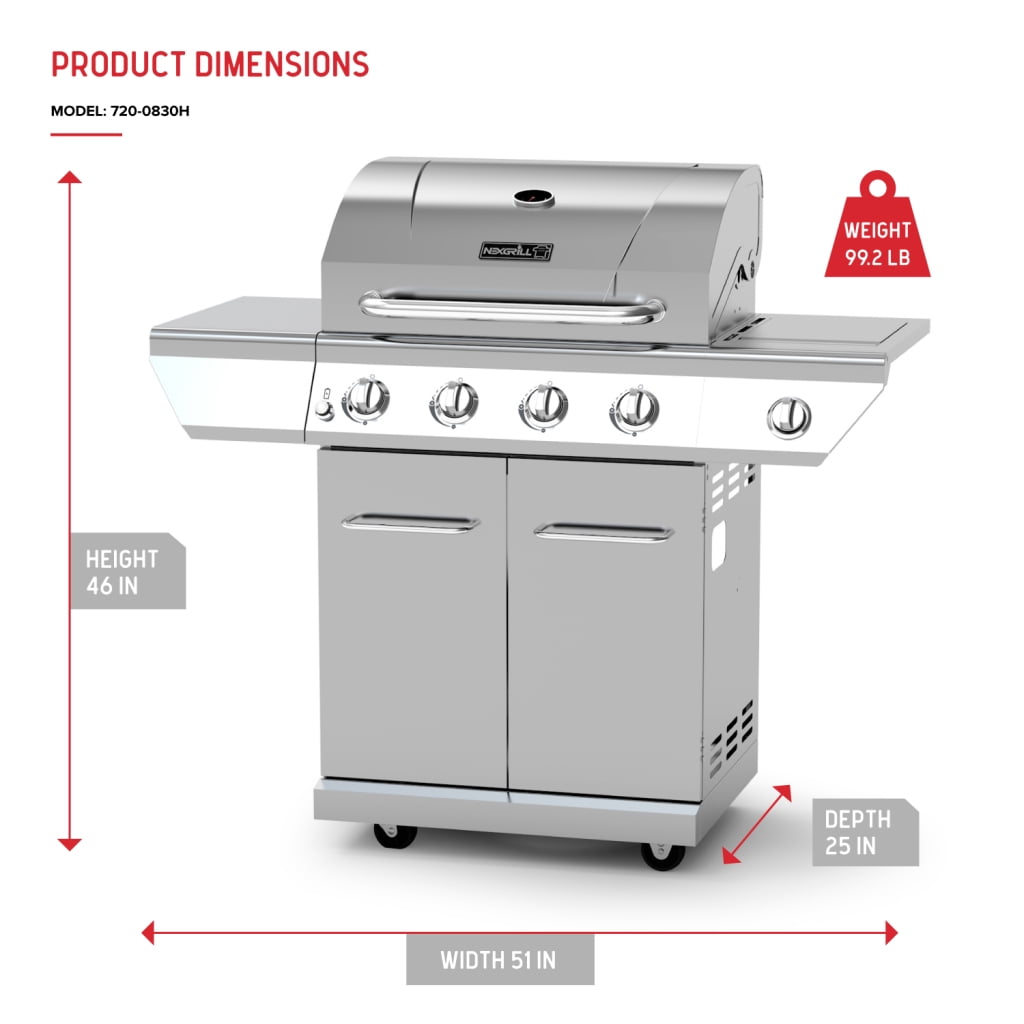 Nexgrill 4-Burner Propane Gas Grill with Side Burner, Stainless Steel Frame, 626 SQ In Total Cooking Space, 60,000 BTUs Output, BBQ Grill Perfect for Outdoor Gatherings - 720-0830H Gas Grills