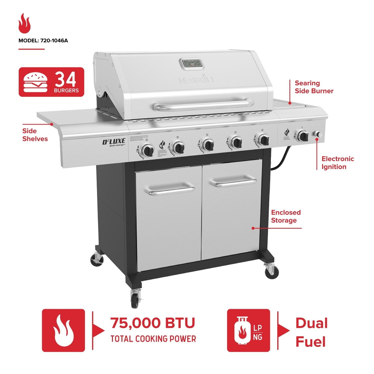 Nexgrill Deluxe 5-Burner Propane BBQ Grill with Side Burner, Stainless Steel Control Panel, Electric Ignition, 60,000 BTUs Output, Gas Grill Perfect for Outdoor Gatherings - 720-1046A Nexgrill