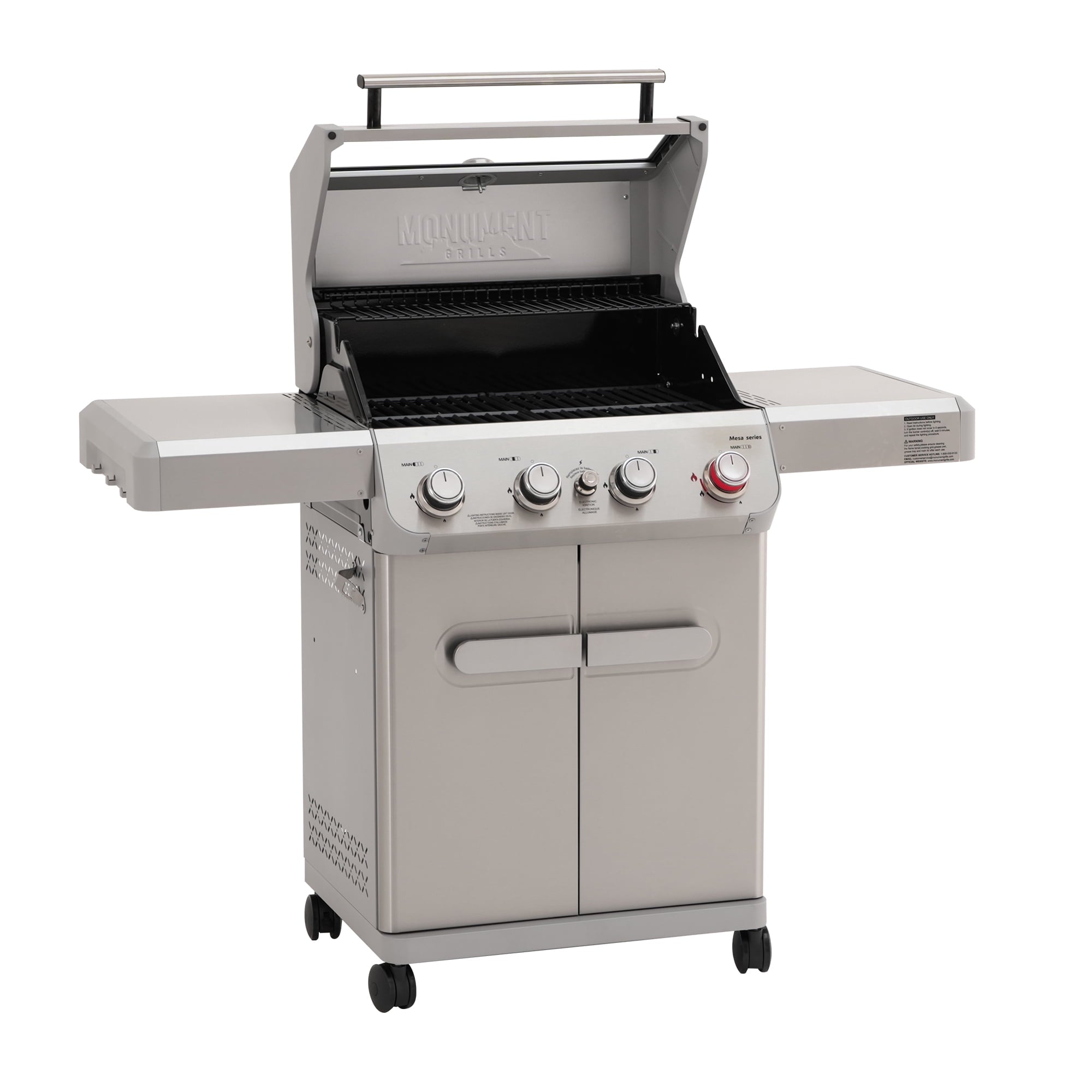 Monument Grills 4 Burner Stainless Propane Gas Grill with Viewing Window, Two Foldable Shelves ,Gas Tank Hook & Bottle , Easy Clean-up, M410MBZ Monument Grills