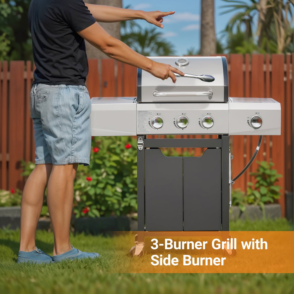 Gas Grill w/Side Burner, 40500BTU Propane Grill with Cover, Stainless Steel Outdoor BBQ 2 Cooking Areas, Portable Grill for Camping Patio Gas Grills
