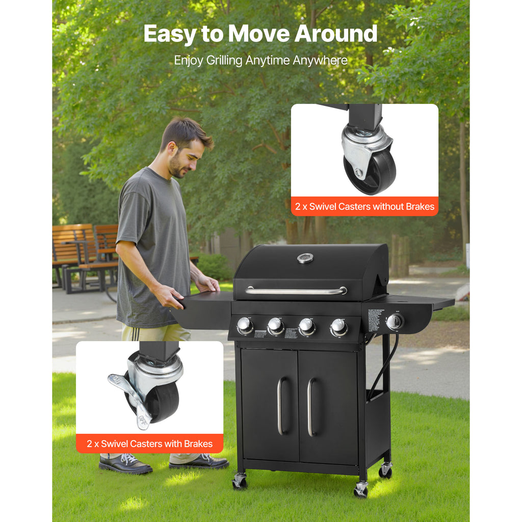 KFFKFF 4-Burner Propane Gas Grill with Side Burner, 425 SQ.In Cooking Surface, Carbon Steel Enamel Grates, Outdoor 52,000 BTU BBQ Grill with Dual Side Shelves, Durable Carbon Steel Construction KFFKFF