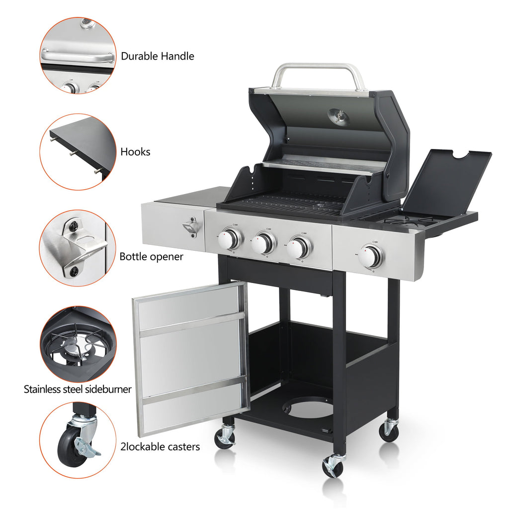 ENYOPRO 3 Burner Propane Gas Grill , Outdoor BBQ Grill with Side Burner, 37,230 BTU Gas Grill with Warming Rack, Thermometer, Lockable Casters for Patio, Garden & Camping Enyopro