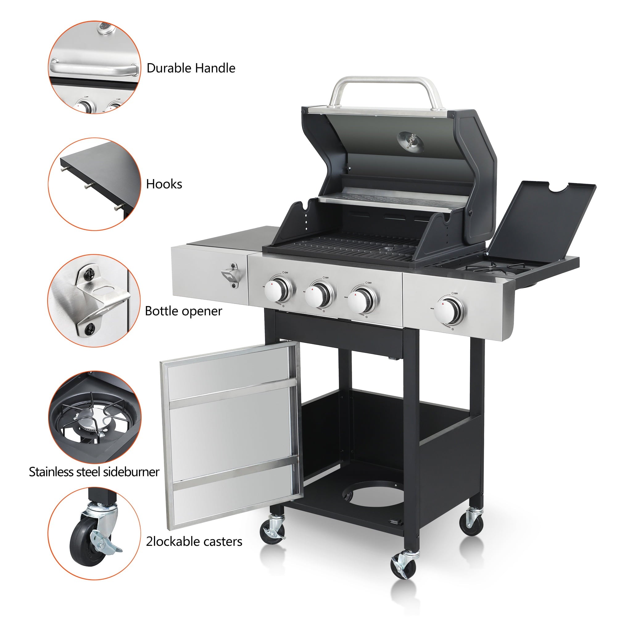 ENYOPRO 3 Burner Propane Gas Grill , Outdoor BBQ Grill with Side Burner, 37,230 BTU Gas Grill with Warming Rack, Thermometer, Lockable Casters for Patio, Garden & Camping Enyopro