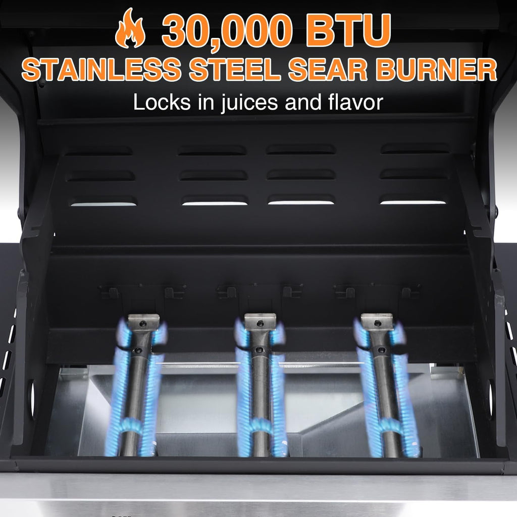 3 Burner Gas Grill with Double-Layer Stainless Steel Lid, 30,000 BTU Patio Garden Barbecue Grill with Folding Side Tables Garden It