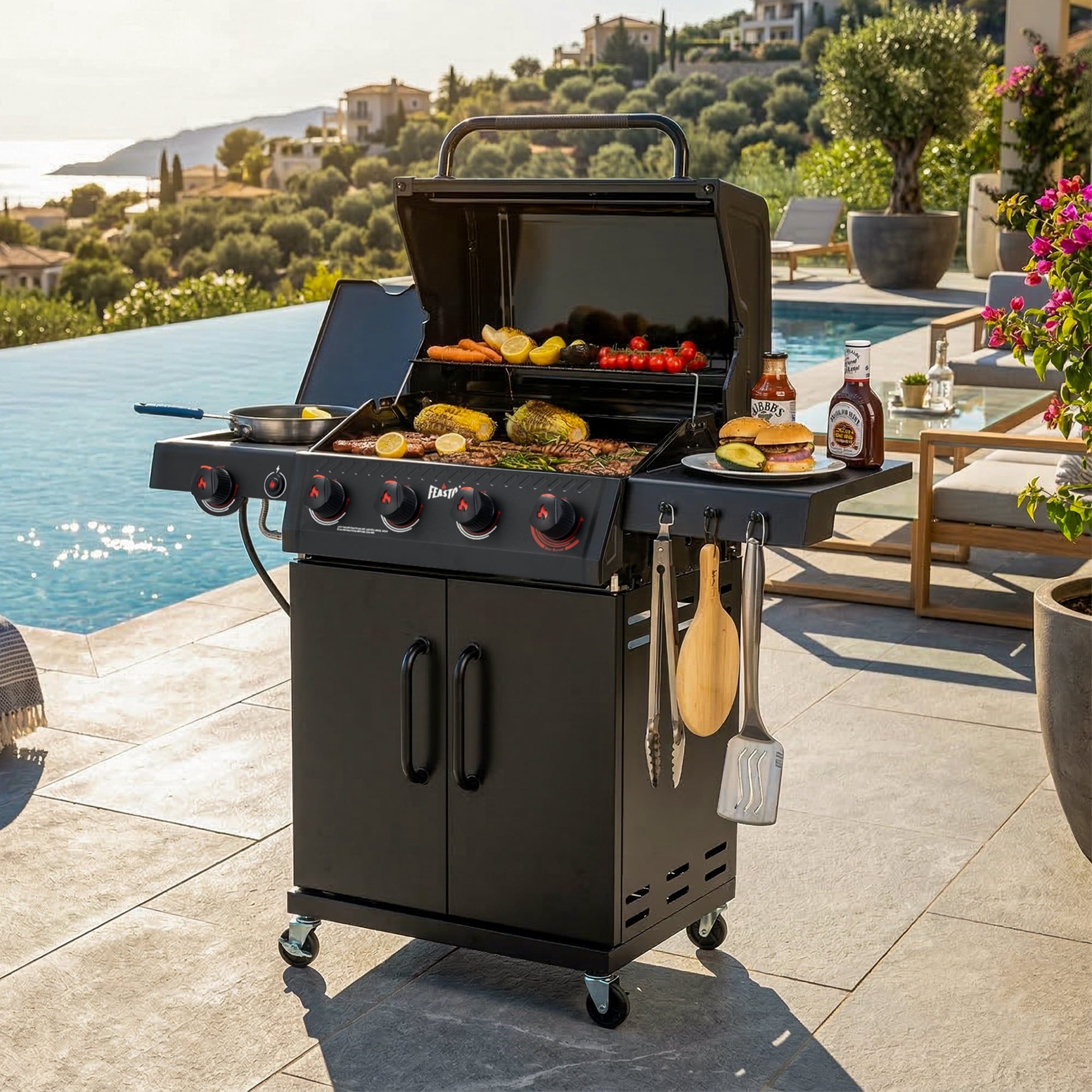 Feasto 4-Burner Propane Gas Grill with Side Sear Burner, 49500 BTU, 563 Sq.In., Cabinet Storage Gas Grills