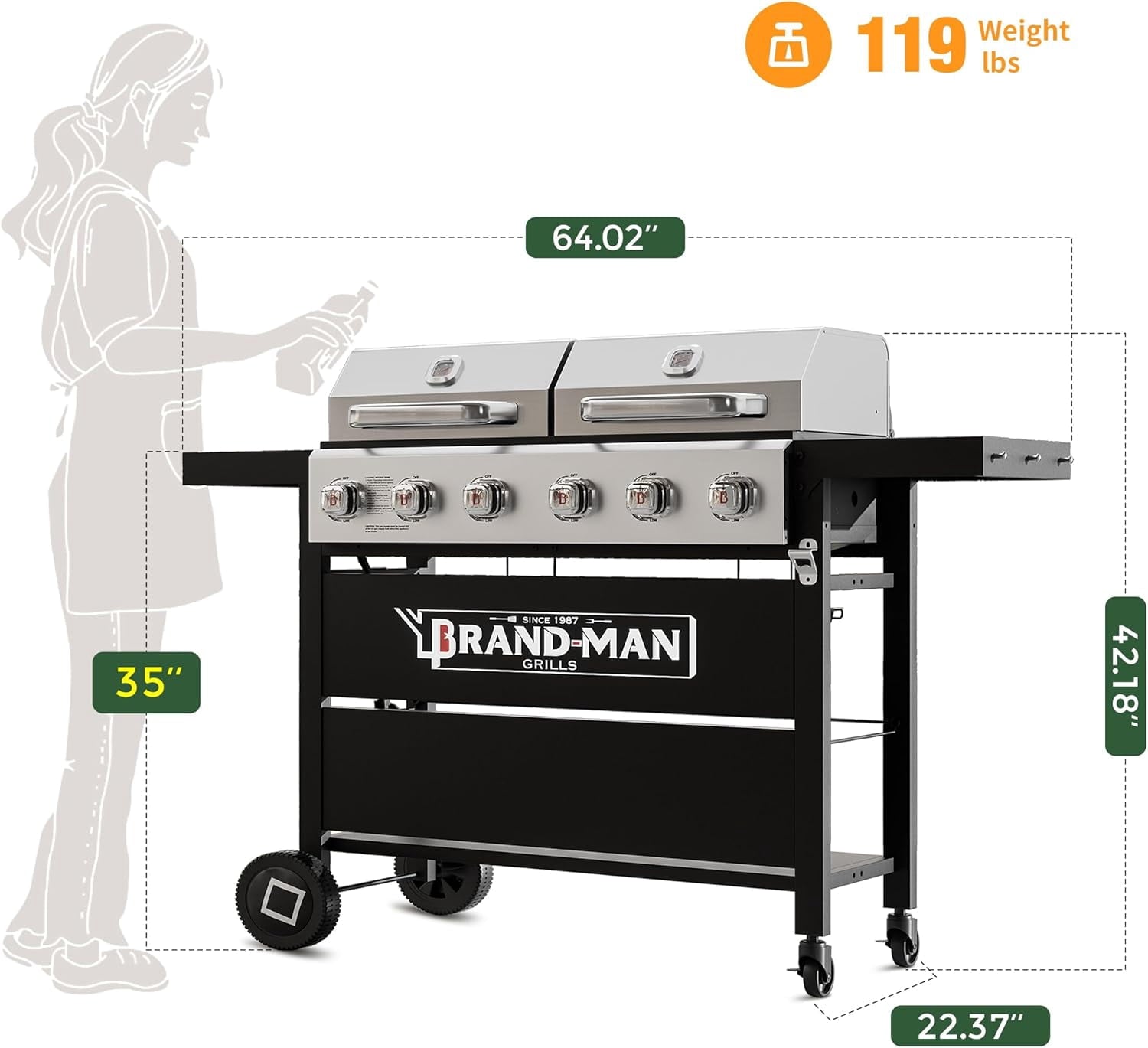 Brand Man Propane 6-Burner Combo Gas Grill with Flat Top Griddle, Heavy Duty 2-in-1 BBQ with Stainless Steel Lids for Outdoor Barbecue Gas Grills