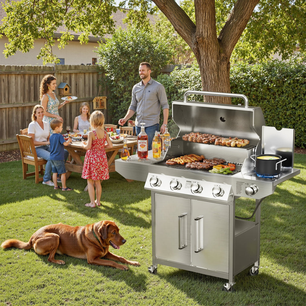SKOK 4 Burner Gas Grill with Side Burner, 58000 BTU &393 sq.in Cooking Surface, Outdoor Propane Barbecue Grill for Patio & Backyard Gas Grills